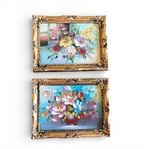 Vintage Floral Oil Paintings - Gold Framed Cottagecore Art Set (8" x 6")